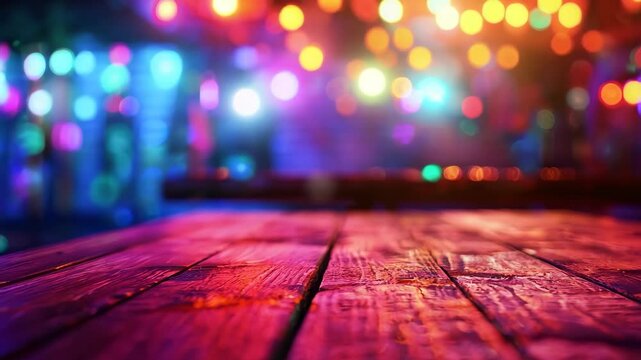 Vibrant Bokeh Lights Over Wooden Surface in Nightclub Ambience