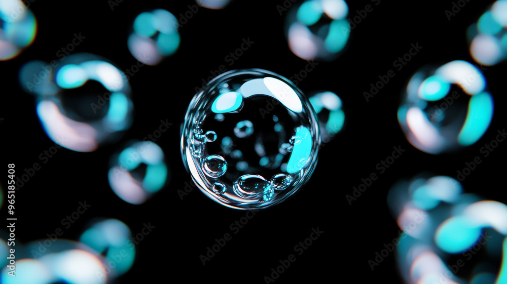 Poster tiny iridescent paint bubbles merging into one another on a pitch black backdrop