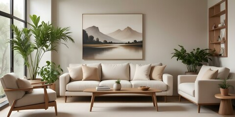 A modern living room with a large beige sofa, a wooden coffee table, and a landscape painting on the wall. The room has a minimalist and cozy feel