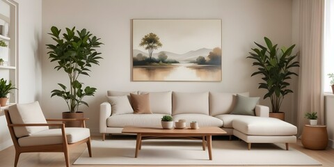 A modern living room with a large beige sofa, a wooden coffee table, and a landscape painting on the wall. The room has a minimalist and cozy feel