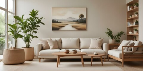 A modern living room with a large beige sofa, a wooden coffee table, and a landscape painting on the wall. The room has a minimalist and cozy feel