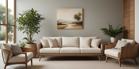 Fototapeta premium A modern living room with a large beige sofa, a wooden coffee table, and a landscape painting on the wall. The room has a minimalist and cozy feel