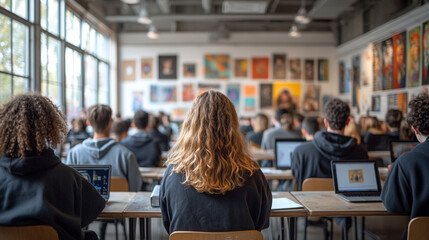Students attend a modern classroom, engaged in learning with laptops and artwork on walls, showcasing creativity and collaboration.