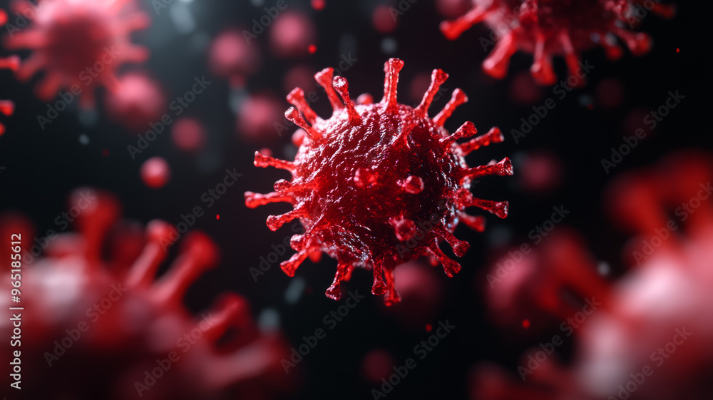 Poster viral particles in red and orange with intricate surface details on a deep black background