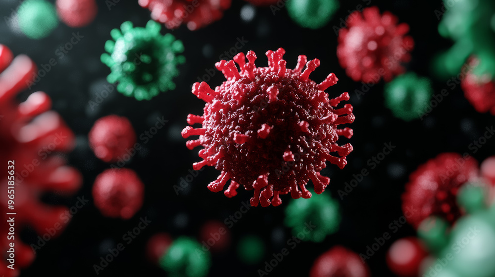 Poster virus particles with textured surfaces in bright reds and greens under a microscope on a black backg