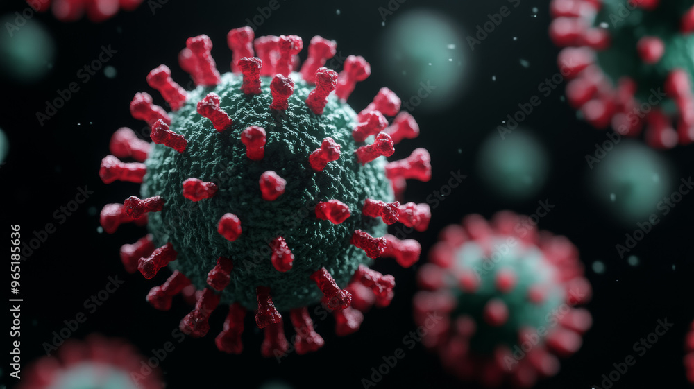 Poster virus particles with textured surfaces in bright reds and greens under a microscope on a black backg