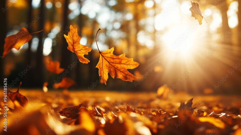 Wall mural Wind swept autumn leaves in warm sunlight against a background of blurry treetops 