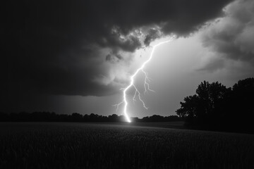 Lightning over the field. Landscape with thunderbolt striking