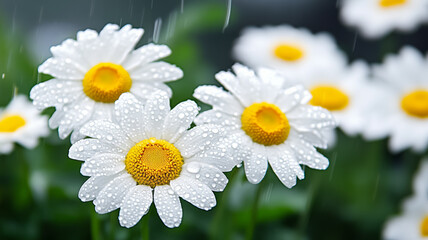 Obraz premium Yellow and white daisies behind wet glass with raindrop patterns 
