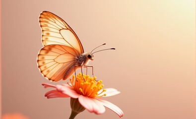 Tender peach fuzz butterfly resting on flowers on minimal background.