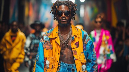 Fototapeta premium Vibrant fashion model showcasing bold streetwear at a lively runway event, combining colors and style for a stunning visual impact.