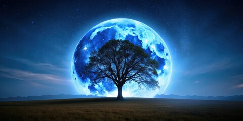 Full Grain blue moon silhouette tree in field on night sky, night sky, full moon, blue moon, silhouette, tree, field
