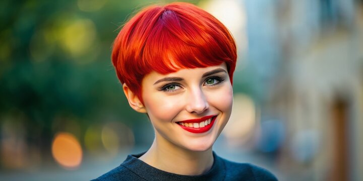 Radiant red locks crown her regal demeanor, as a beaming smile illuminates her features, showcasing a dynamic blend
