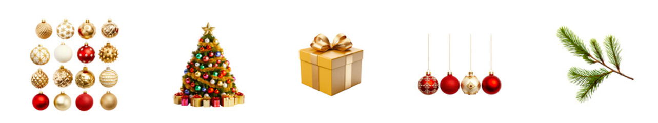 Fototapeta premium Christmas Ornament Collection: Festive and joyful, this image showcases a variety of Christmas ornaments, from classic red and gold baubles to elegant white and gold ornaments. The ornaments are arran