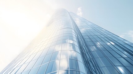 Fototapeta premium Low-angle view of a modern glass building with a sleek, curved design against a clear blue sky. The reflective windows and fluid architecture create a sense of innovation and futuristic.