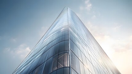 Low-angle view of a modern glass building with a sleek, curved design against a clear blue sky. The reflective windows and fluid architecture create a sense of innovation and futuristic.