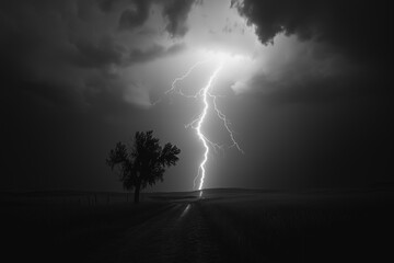 Lightning over the field. Landscape with thunderbolt striking
