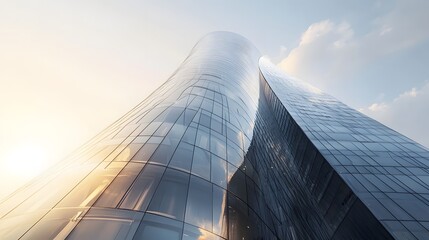 Low-angle view of a modern glass building with a sleek, curved design against a clear blue sky. The reflective windows and fluid architecture create a sense of innovation and futuristic.