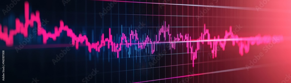 Poster abstract visualization of sound wave patterns in vibrant pink and blue hues showcasing digital techn