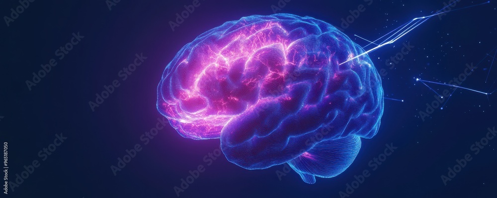 Poster 3d rendering of a glowing purple and blue human brain with digital connections, symbolizing artifici