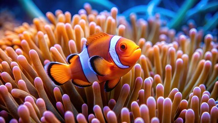 Vibrant clown fish swimming among sea anemone in a coral reef, marine life, underwater