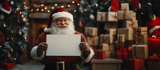 Santa Claus holding a blank sign with Christmas gifts and decorations in the background, ready for a festive message.