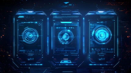 Futuristic blue and orange glowing digital interface with three panels.