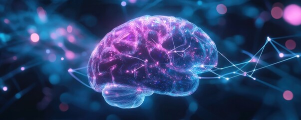 3D render of a glowing purple and blue brain illustrating neural networks and futuristic technology concepts