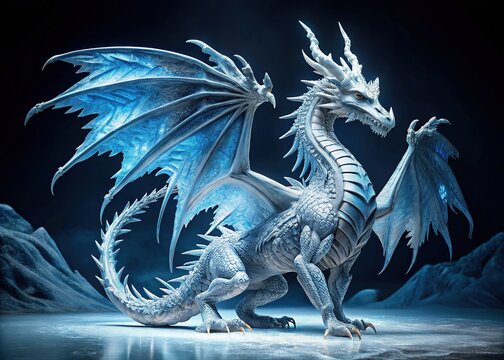 Majestic dragon sculpture crafted from delicate ice shards, intricately detailed with frosty scales, claws, and wings, set against a sleek, dark background, evoking mystic winter wonder.