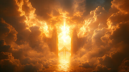 “A Golden Portal Leading to Heaven, Surrounded by Radiant Clouds and Light, Symbolizing Spiritual Ascension, Divine Guidance, and the Promise of Eternal Peace in a Majestic and Serene Celestial Settin