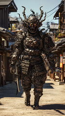 Fototapeta premium A samurai wearing menacing armor made from oni material, with a helmet, walking through an Edo period town during bright daylight