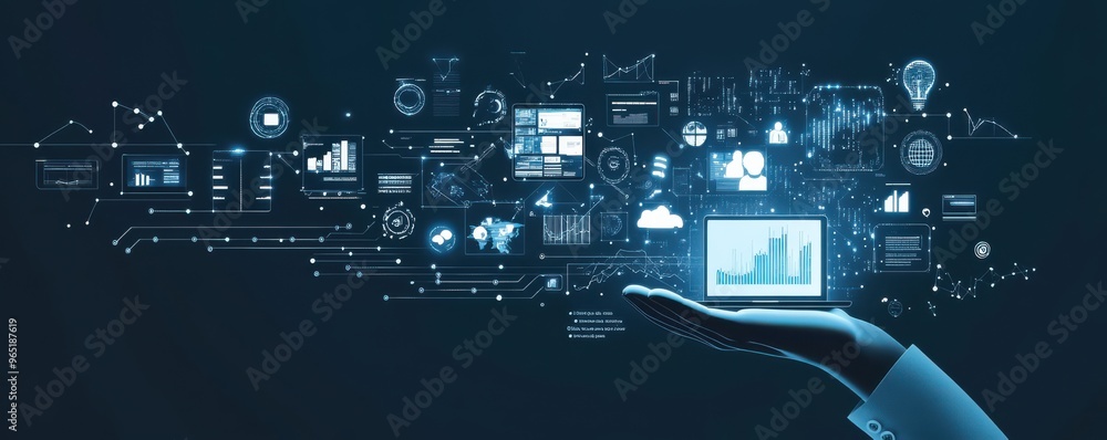 Poster futuristic digital technology interface background with hand holding smartphone and data visualizati