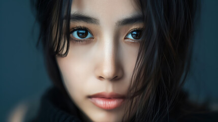 Fototapeta premium Stunning close-up of a woman with expressive eyes and beautiful skin, surrounded by soft lighting. Perfect for portraiture and beauty themes.