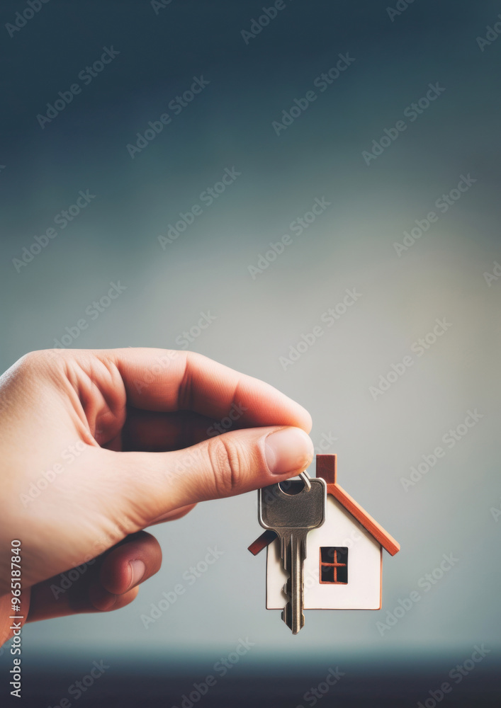 Poster close up photo of black hand holding house key.