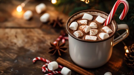 A cozy mug of hot chocolate topped with marshmallows and a candy cane, perfect for festive winter evenings. - Powered by Adobe