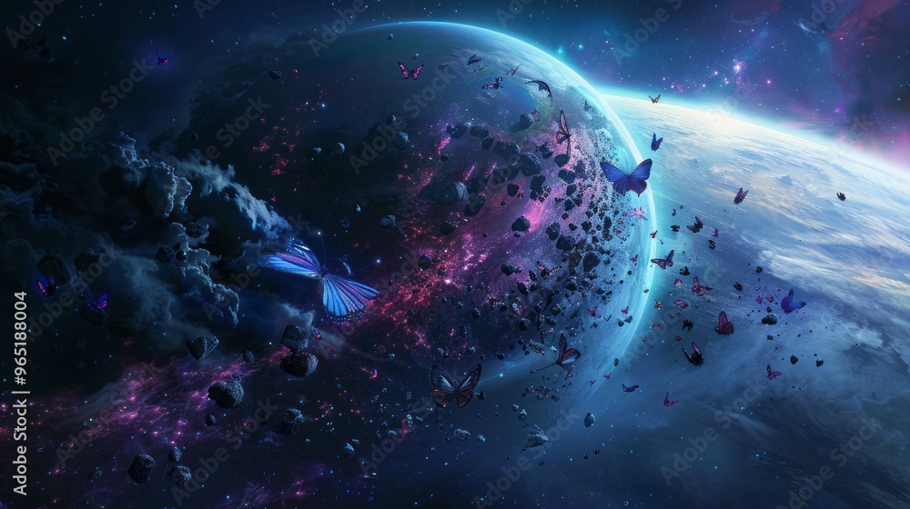 Wall mural majestic planet covered with a multitude of butterflies floating in the vastness of the galaxy - enc