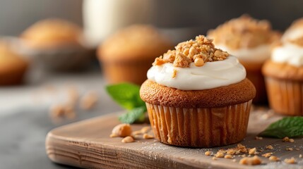 Delicious cupcake topped with creamy frosting and crunchy nuts, ideal for desserts and sweet treats.
