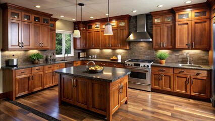 Fototapeta premium Rustic brown cabinets imbue warmth, while sleek black granite countertops provide a sharp contrast, paired with modern
