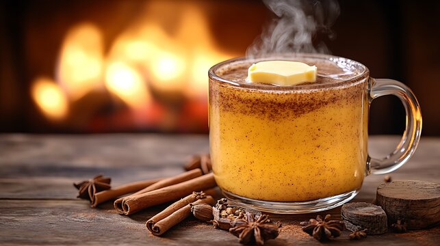 A steaming mug of hot buttered rum with a pat of butter melting on top, surrounded by cinnamon sticks and spices, set on a rustic wooden table. The background features a softly glowing fireplace,