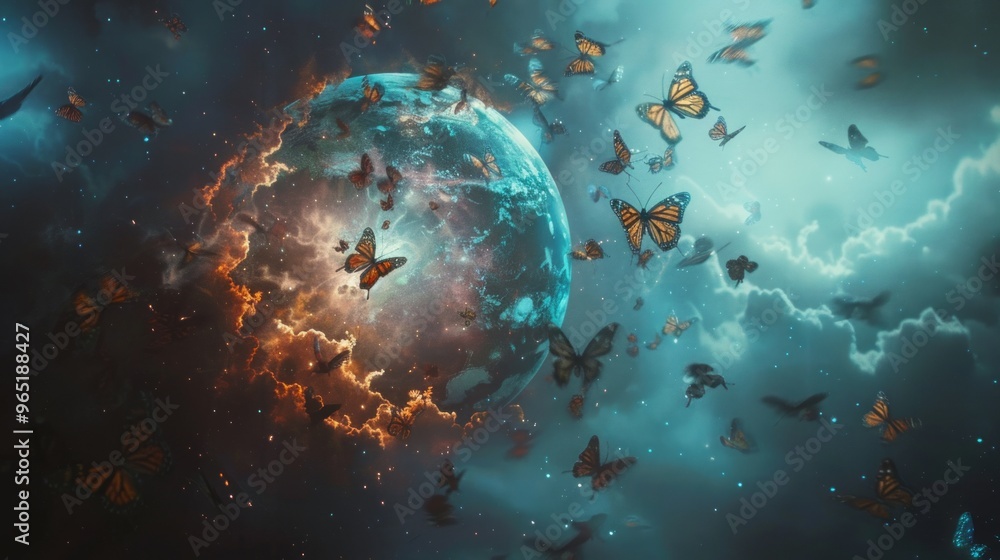 Wall mural majestic planet covered with a multitude of butterflies floating in the vastness of the galaxy - enc