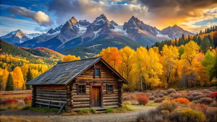 Rustic wooden cabin nestles among vibrant autumn hues, with distant mountains rising majestically from the forest