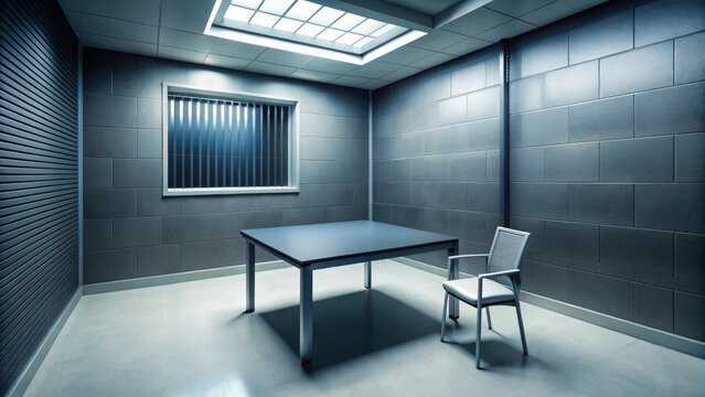 Moody, subdued lighting in a police custody interview suite , police, custody, interview, suite, interrogation
