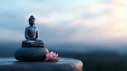 A serene Buddha statue on a smooth stone, accompanied by a beautiful lotus flower, symbolizing peace and tranquility.