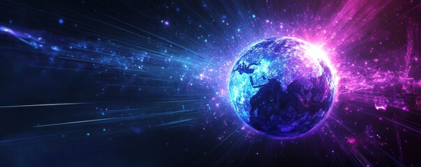 Obraz premium Blue and purple glowing sphere with radiant energy beams on dark background symbolizing cosmic power and futuristic technology
