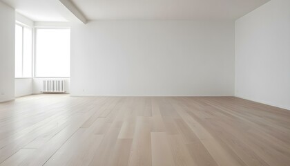 Empty room with white walls and wooden floor, minimal and clean interior design.