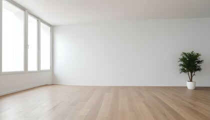 Empty room with white walls and wooden floor, minimal and clean interior design.