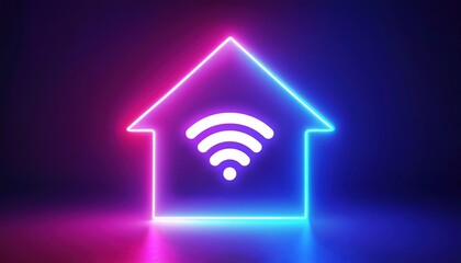 Bright neon house outline with a Wi-Fi symbol glowing in pink and blue light against a dark background. Smart home technology concept.