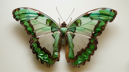 Vibrant malachite butterfly siproeta stelenes resting on leaf with open wings, showcasing striking green and black patterns, ideal for nature-themed wallpaper or educational resources on insects and b
