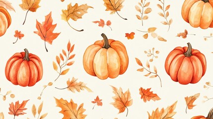 Vibrant watercolor pattern featuring pumpkins and autumn leaves on a cream background, perfect for wrapping paper, web designs, and Thanksgiving d&eacute;cor.