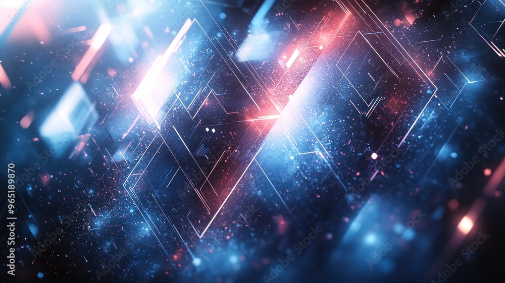 Poster abstract digital design with glowing geometric shapes and particles.